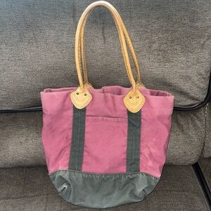 VTG LL Bean Canvas Boat Tote Bag Full grain Leather handles Plaid lining
